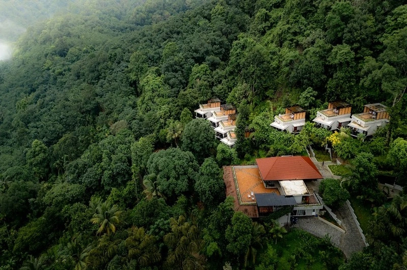 Aerial view of Maram Resort nestled in the lush green hills of Mamalakandam Kerala