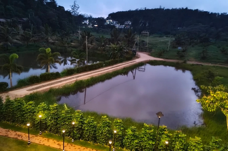 Tranquil resort water pond surrounded by dense green forest trees at The Hamlet Farmstead Munnar