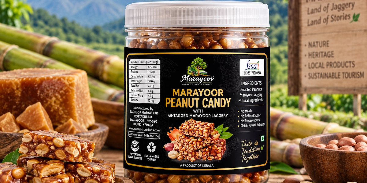 A jar of Marayoor Peanut Candy with sugarcane stalks, raw jaggery, and peanuts against a scenic hill background