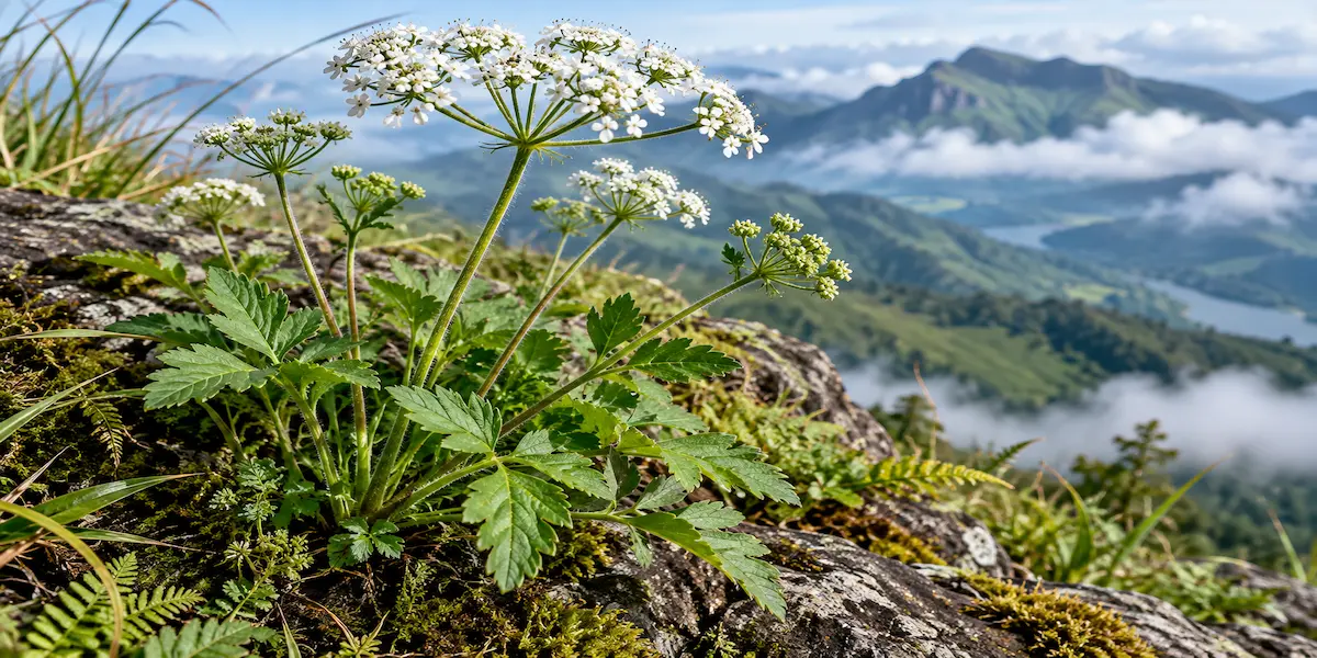 Wild flowering plant Tetrataenium munnarense growing on rocky hillside in Lockhart Gap Munnar