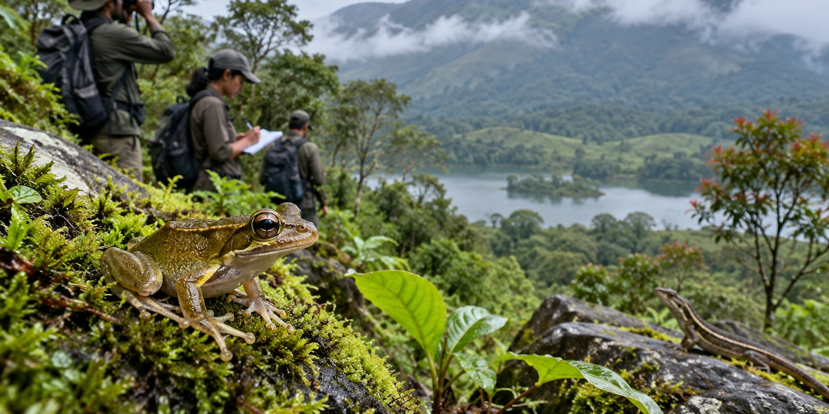 Researchers conducting wildlife survey among lush green vegetation in Munnar protected forest