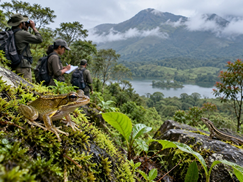 Dense misty shola forests and rolling mountain slopes in Munnar Wildlife Division