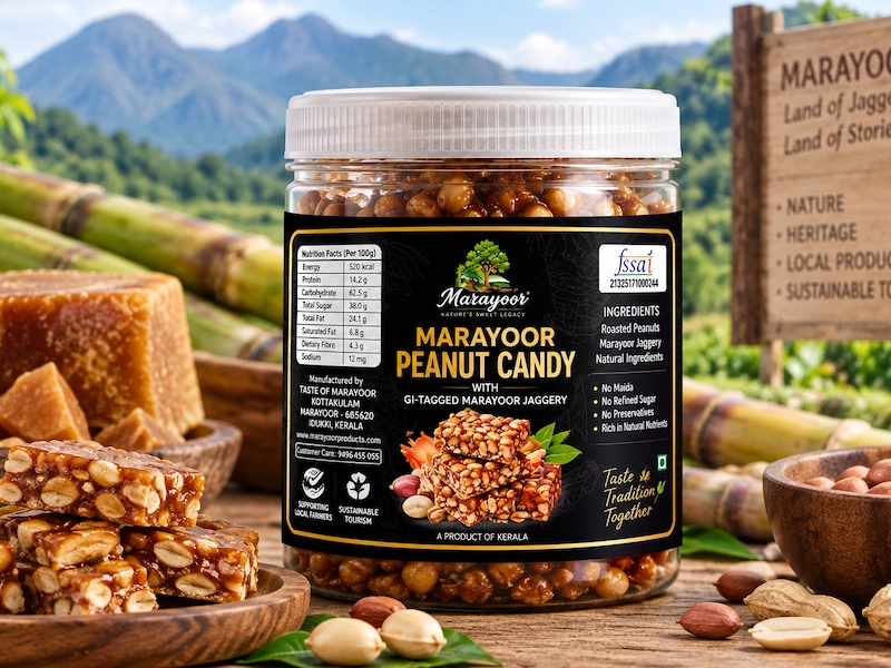 Marayoor Peanut Candy jar displayed with traditional jaggery pieces and peanuts