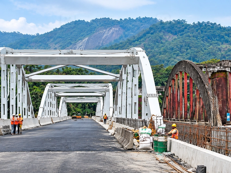 Construction site of the new Neriamangalam steel arch bridge along the Kochi to Munnar highway