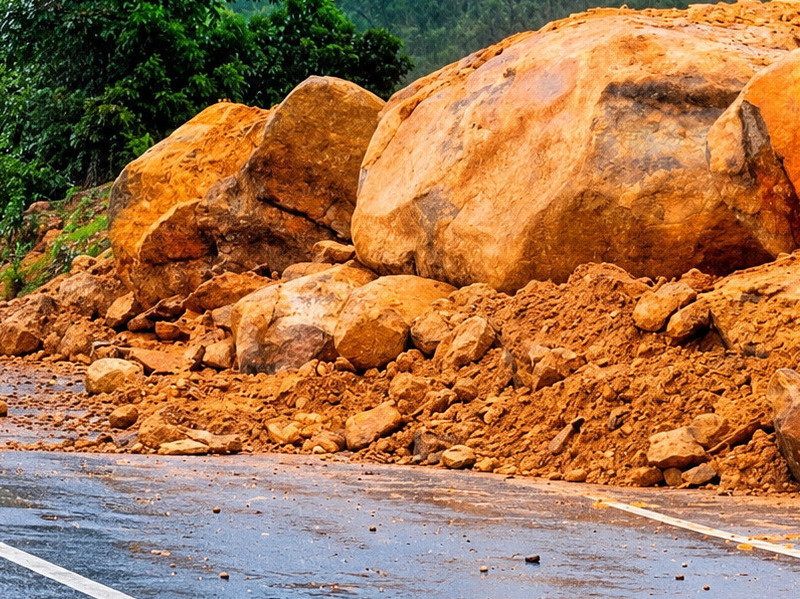 Major rockfall and landslide debris along the Kochi–Dhanushkodi National Highway near Munnar