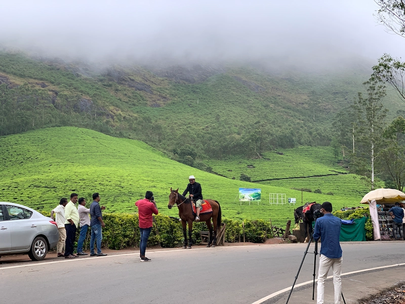 Mist-covered mountain landscape with tea gardens and roadside viewpoint in Munnar