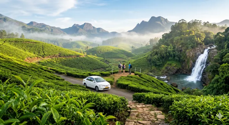 Ultimate Munnar Travel Guide featuring lush tea gardens, cascading waterfalls, scenic viewpoints, misty mountains, and breathtaking landscapes in Munnar, Kerala.