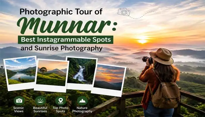Photographic Tour of Munnar featuring a photographer capturing a stunning sunrise over misty tea plantations, rolling hills, waterfalls, and scenic Instagram-worthy locations in Munnar, Kerala.
